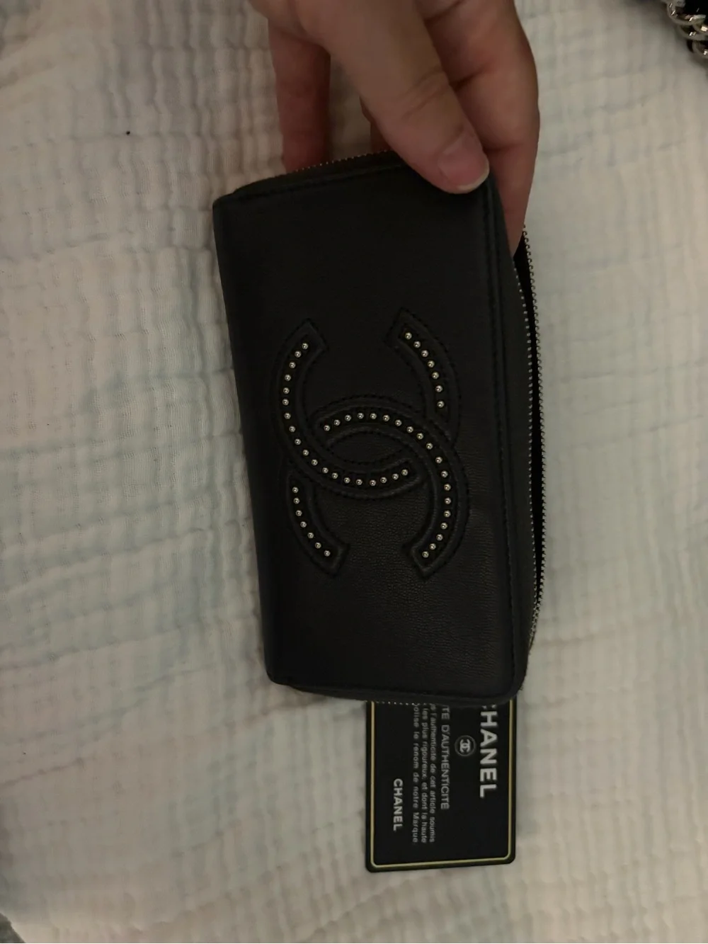 CHANEL Black Leather Zip Card Organizer with Silver Zipper